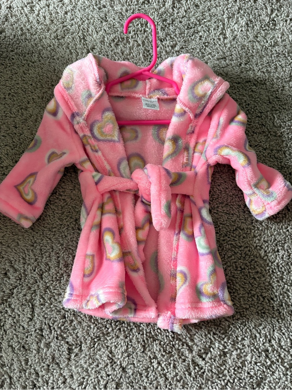 Mon Cheri Pink Plush Hooded Kids Robe with Rainbow Hearts